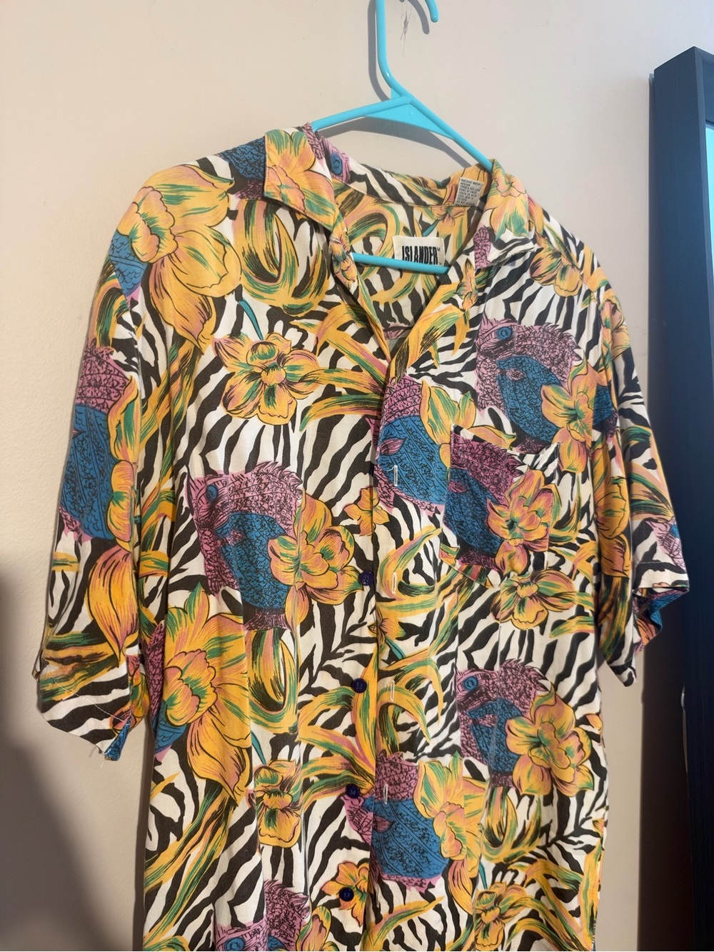 Vintage Men's Tropical Floral Short-Sleeve Shirt - Yellow & Black